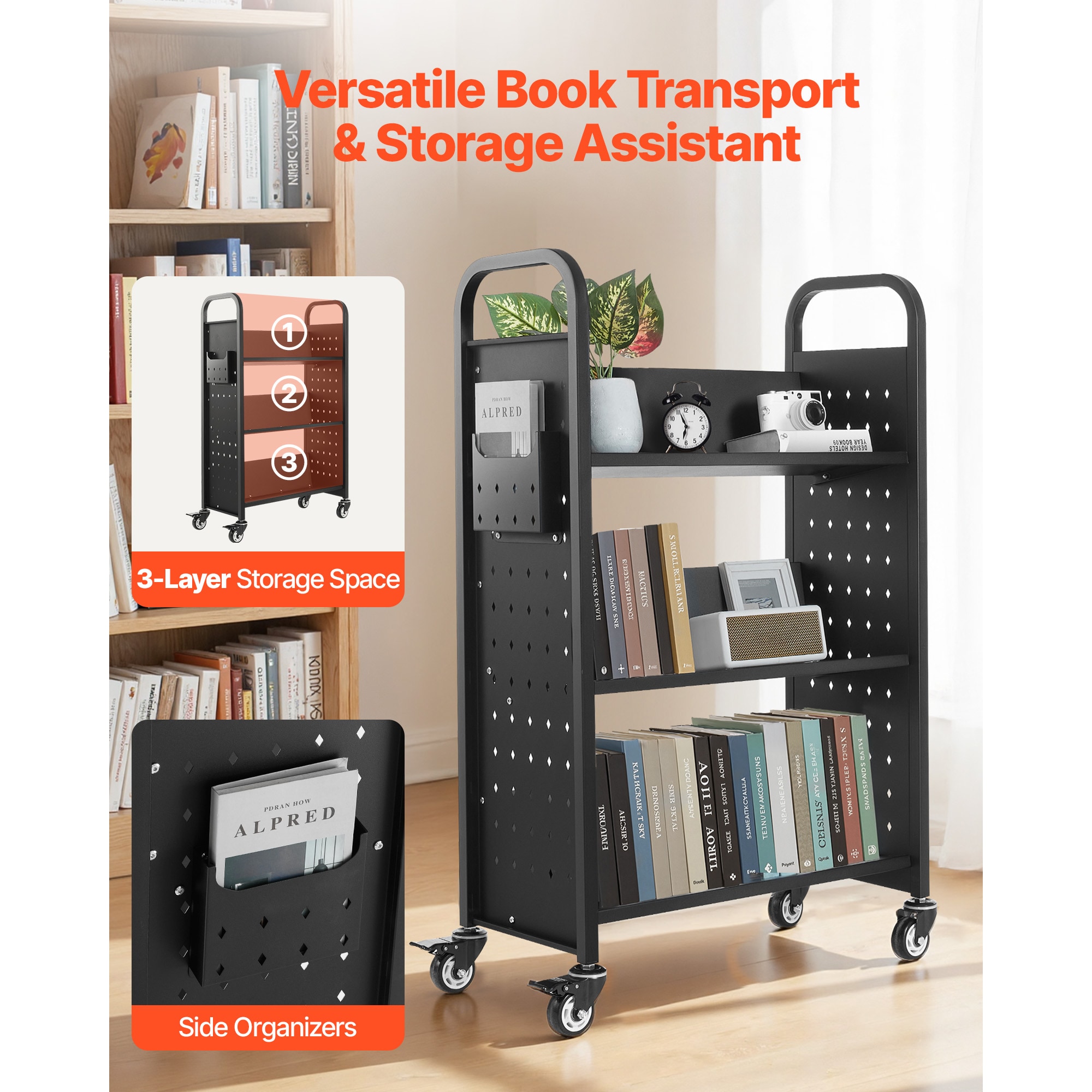 3-tier Rolling Book Cart With V-shaped Shelves In Black_voghion.com